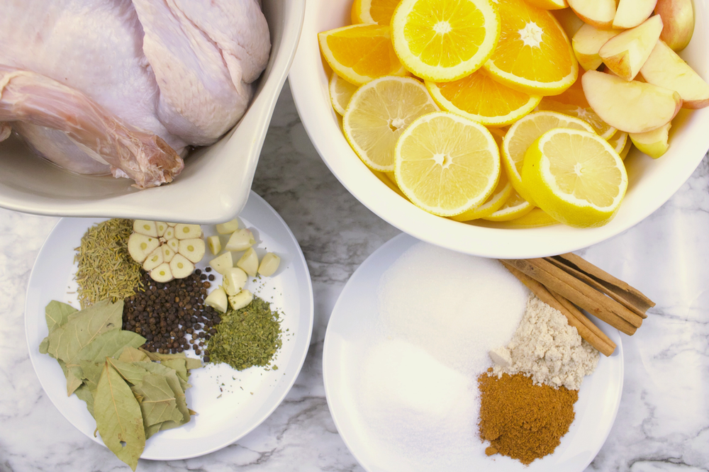 Wet Brine Ingredients- turkey, salt, sugar, aromatics, citruses, herbs and spices