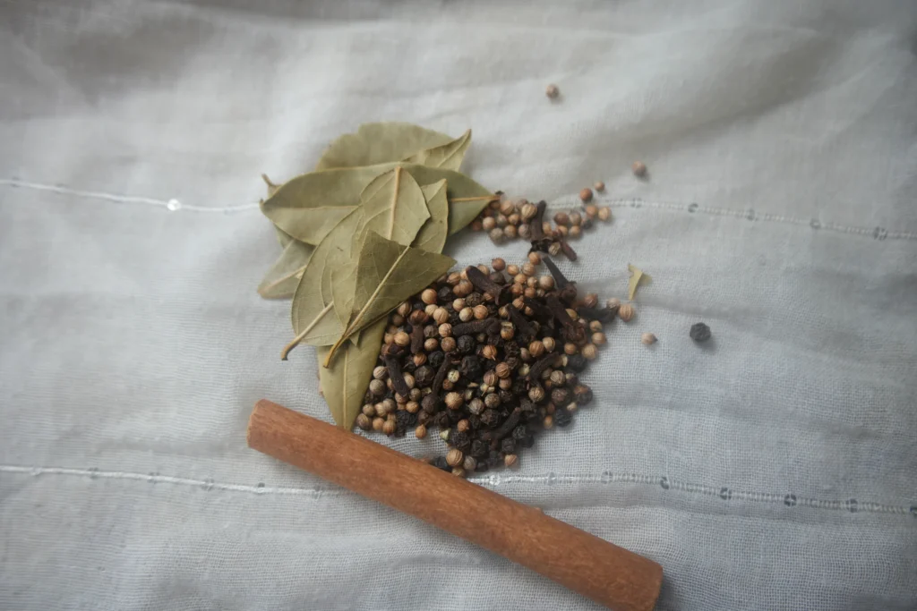 cloves, black peppercorns, whole coriander seeds, bay leaves, and a whole cinnamon stick