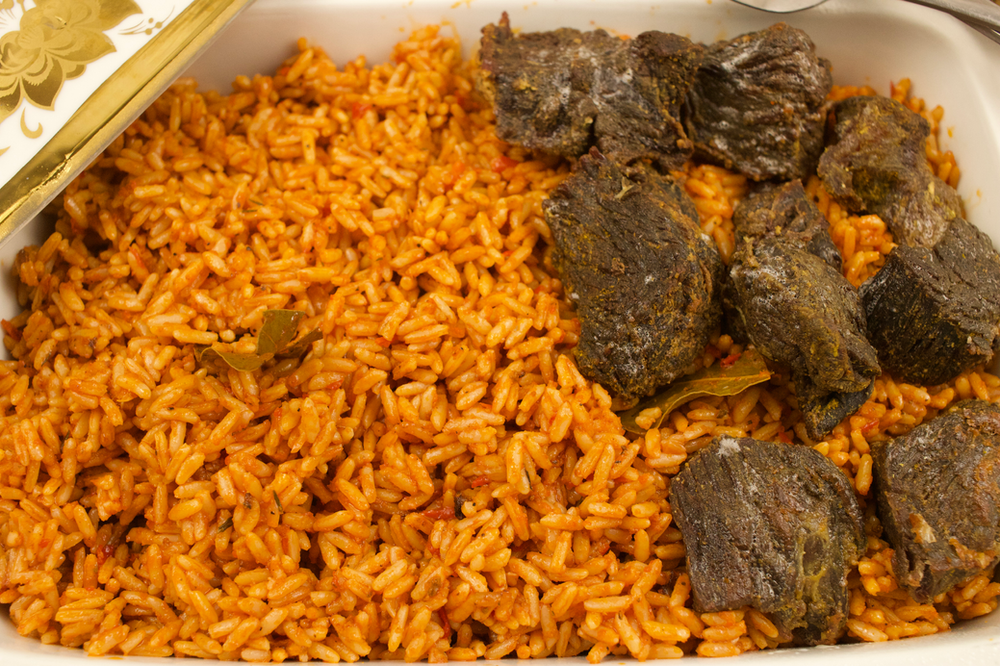 Nigerian Jollof Rice and fried beef cuts