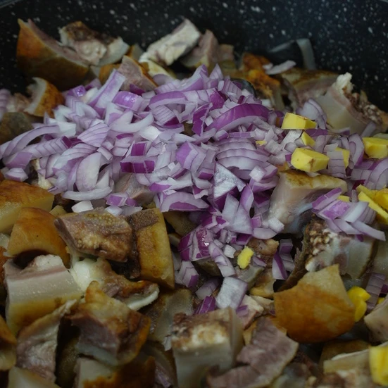 cow skin cuts and chopped onions and ginger