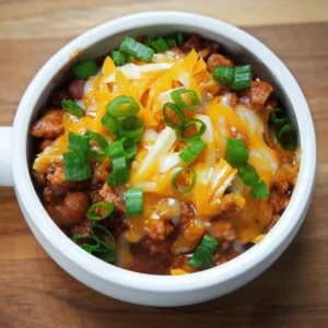 a bowl of chicken chili topped with cheese and spring onions