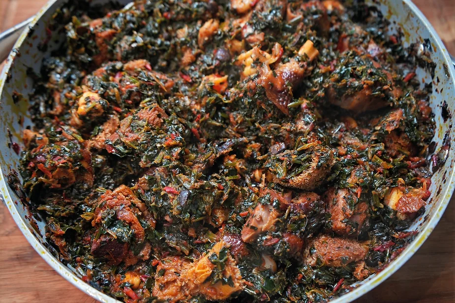 a pot of Nigerian vegetable stew called efo riro