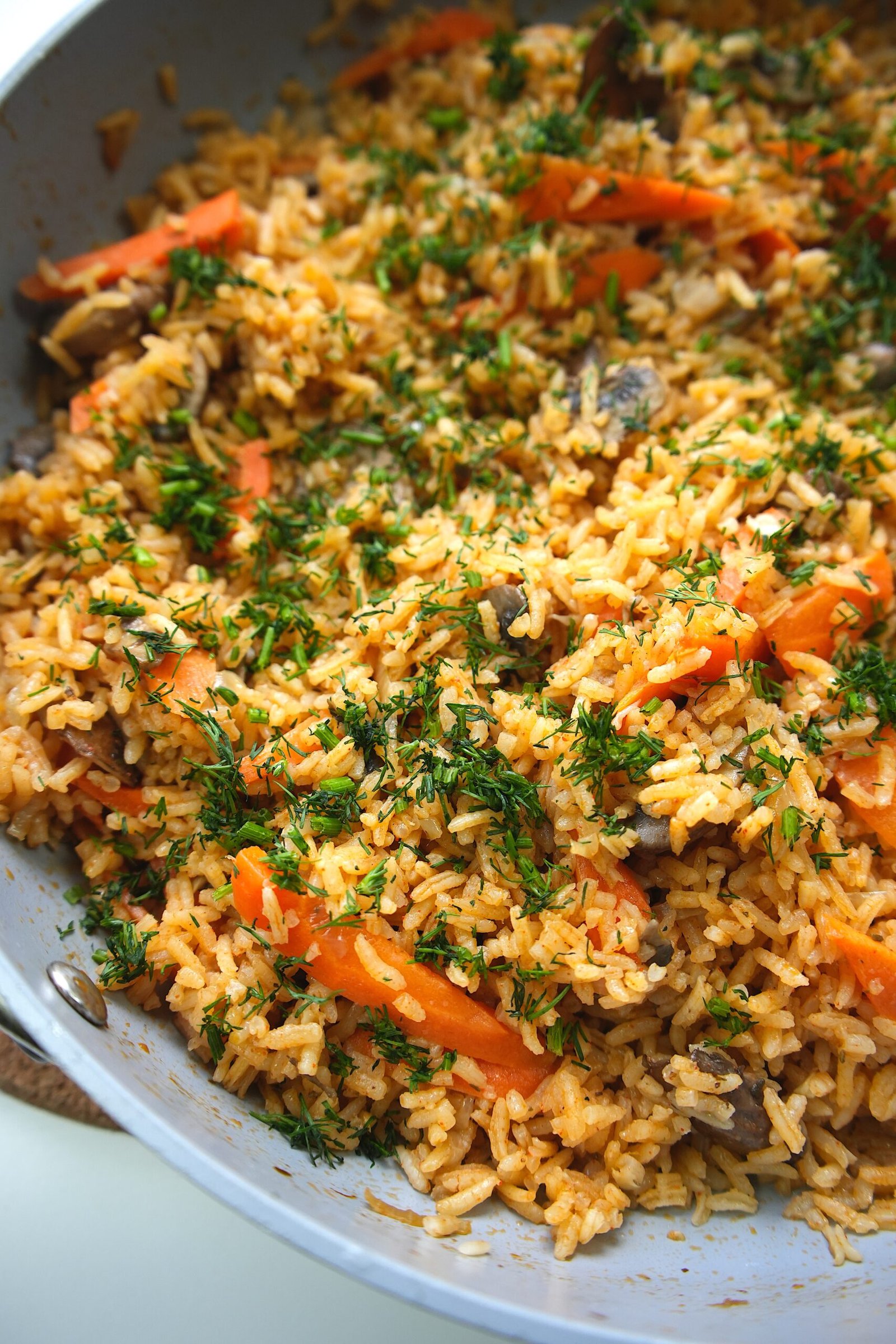 mushroom rice garnished with dill