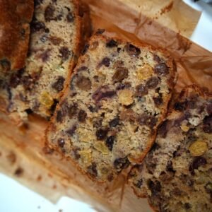 slices of tea loaf laid out on wooden board